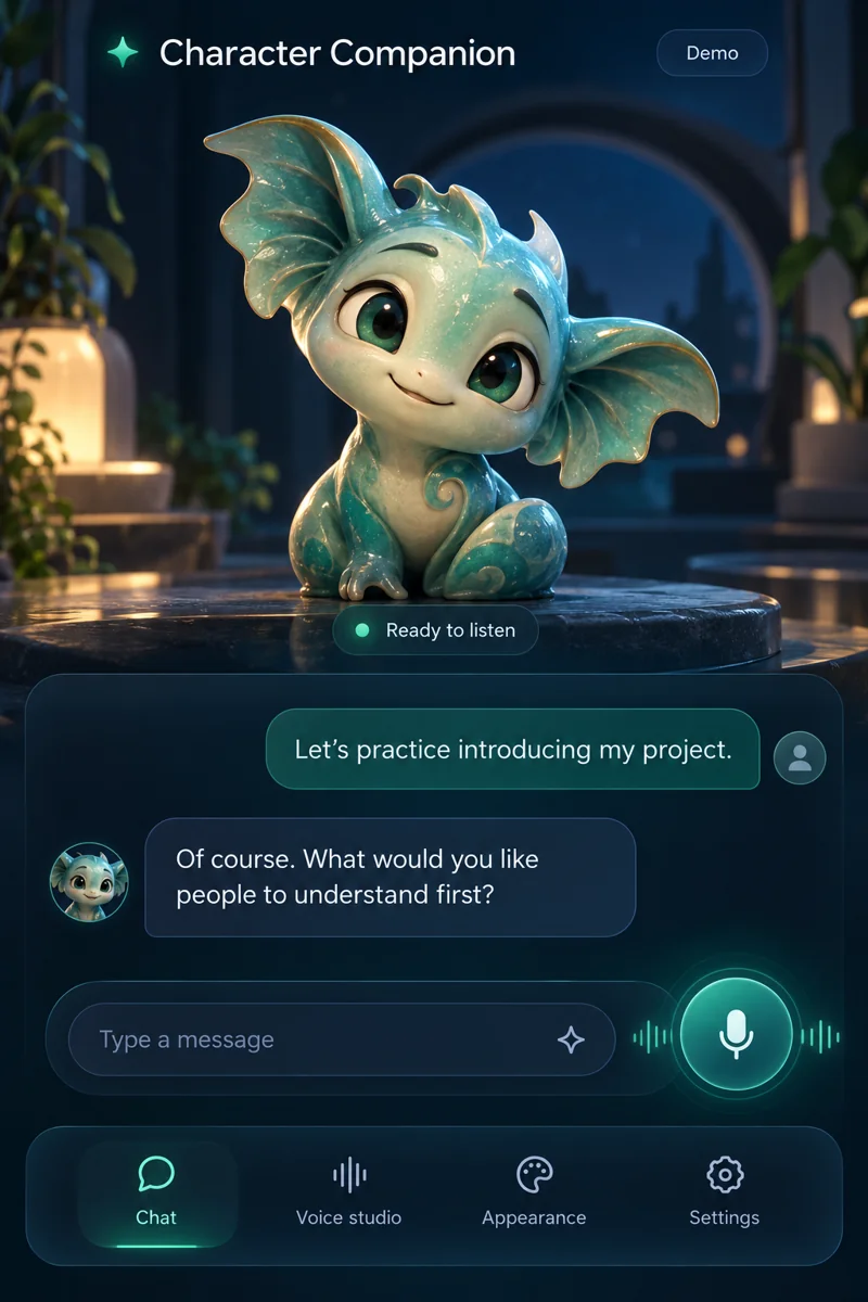 Character Companion · AI-generated interface concept with fictional sample content