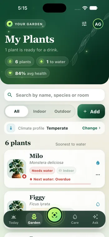 PlantCare app interface · sample content