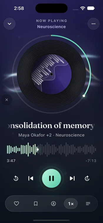 ResearchFM app interface · sample content