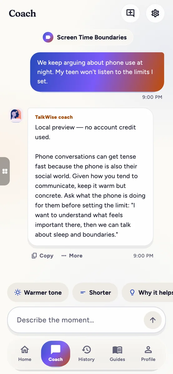 Talkwise app screen · demonstration content